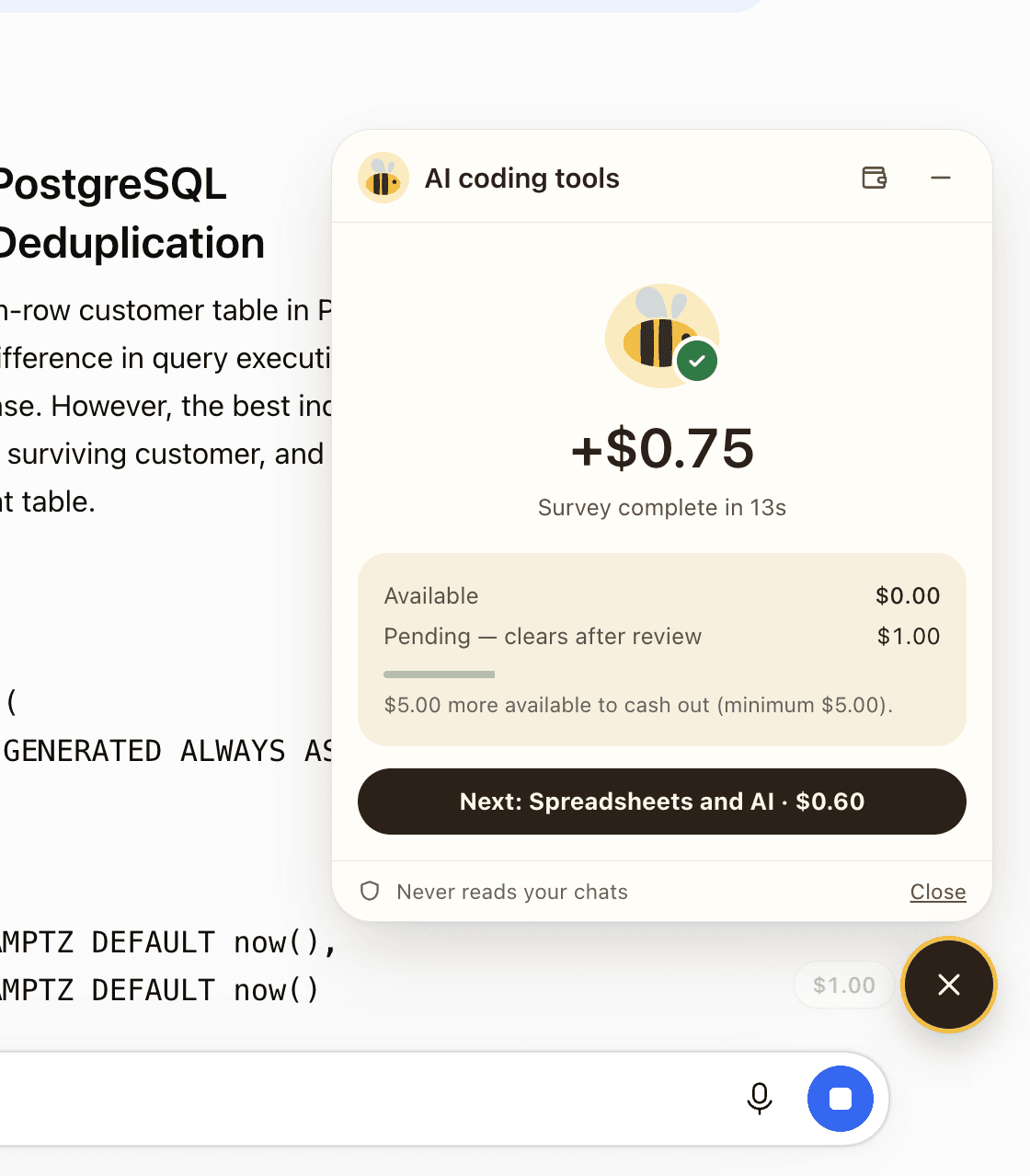 A finished Beewhile survey on ChatGPT: the bee with a check mark and the payout credited.