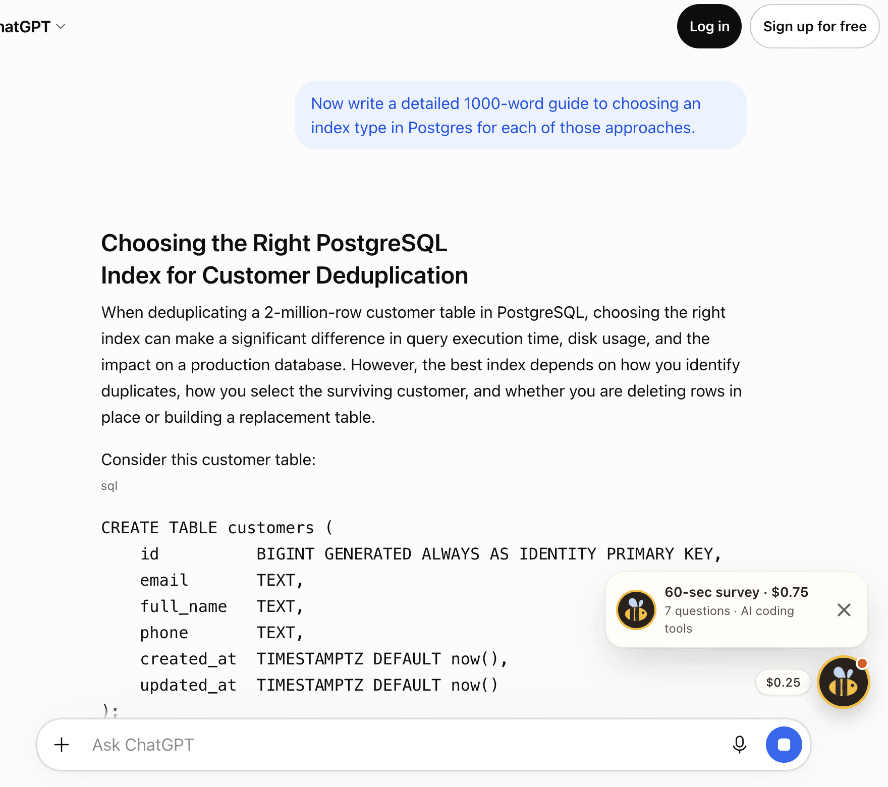 On ChatGPT, while an answer is being written, the Beewhile bee offers a 60-second survey and shows its payout.