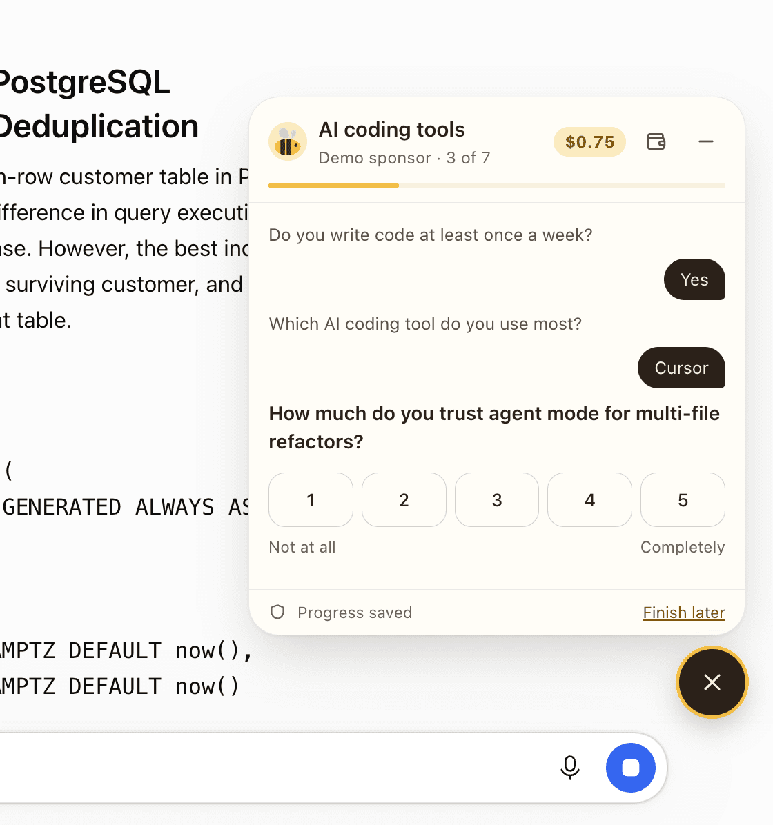 The Beewhile survey panel open in the corner of ChatGPT, two questions answered and the third showing.